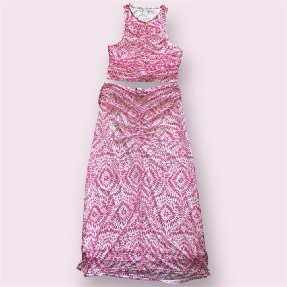 House of Harlow 1960 2 Piece Set Tank and Skirt Pink Tie Dye Ruched Size L